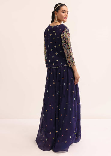 Navy Blue Embroidered Lehenga Set With Jacket