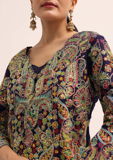 Navy Blue Embroidered Lehenga Set With Jacket