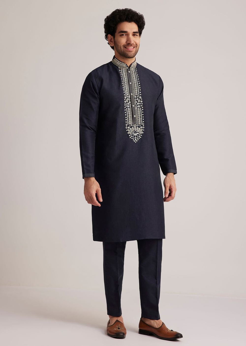 Navy Blue Embroidered Sherwani Kurta Set