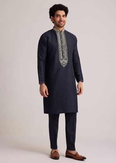 Navy Blue Embroidered Sherwani Kurta Set