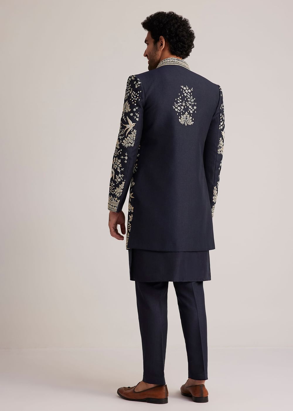 Navy Blue Embroidered Sherwani Kurta Set
