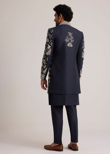 Navy Blue Embroidered Sherwani Kurta Set