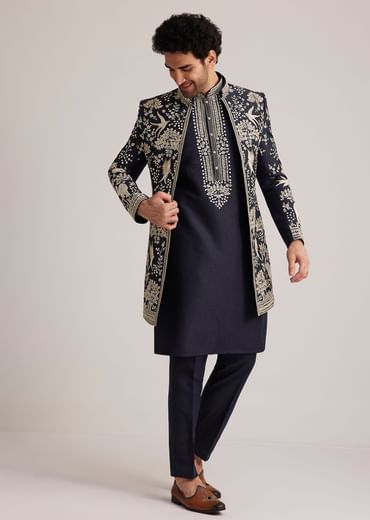 Navy Blue Embroidered Sherwani Kurta Set