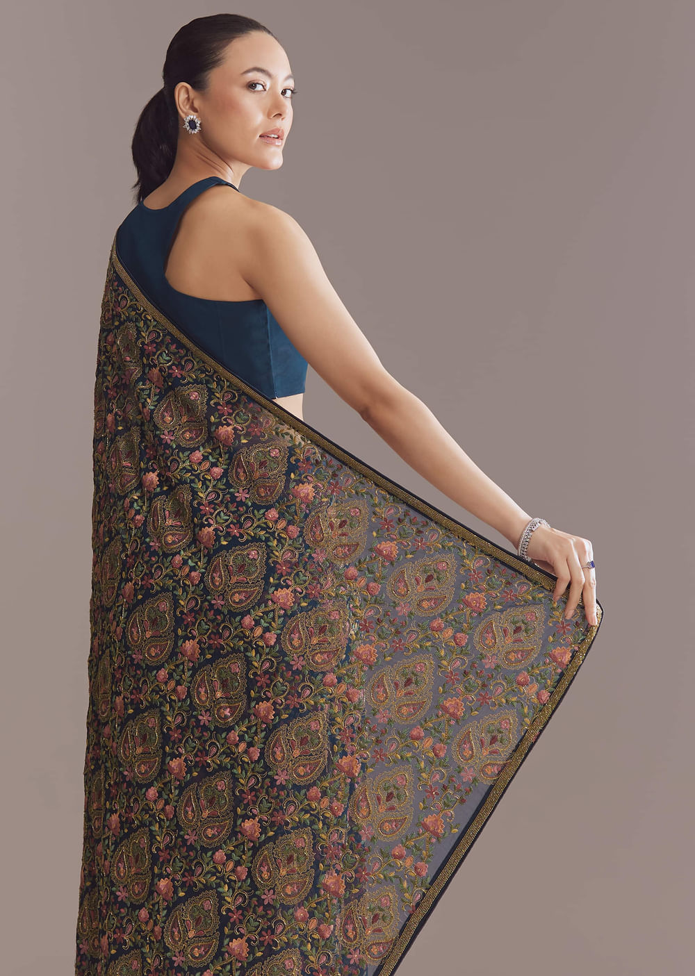 Navy Blue Georgette Saree With Kashmiri Kashida Embroidery