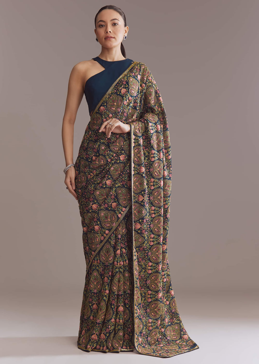 Navy Blue Georgette Saree With Kashmiri Kashida Embroidery