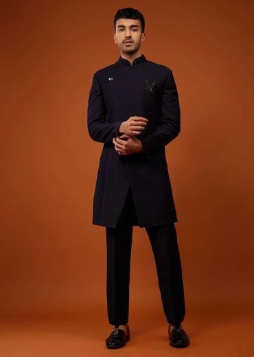Navy Blue Indo-Western Embroidered Sherwani Set In Imported Suiting Fabric
