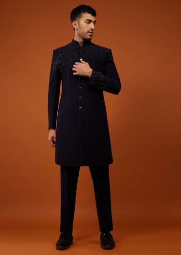Navy Blue Indo-Western Sherwani Set Embroidered In Japanese Suiting Fabric