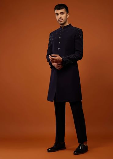 Navy Blue Indo-Western Sherwani Set Embroidered In Japanese Suiting Fabric