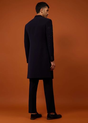 Navy Blue Indo-Western Sherwani Set Embroidered In Japanese Suiting Fabric