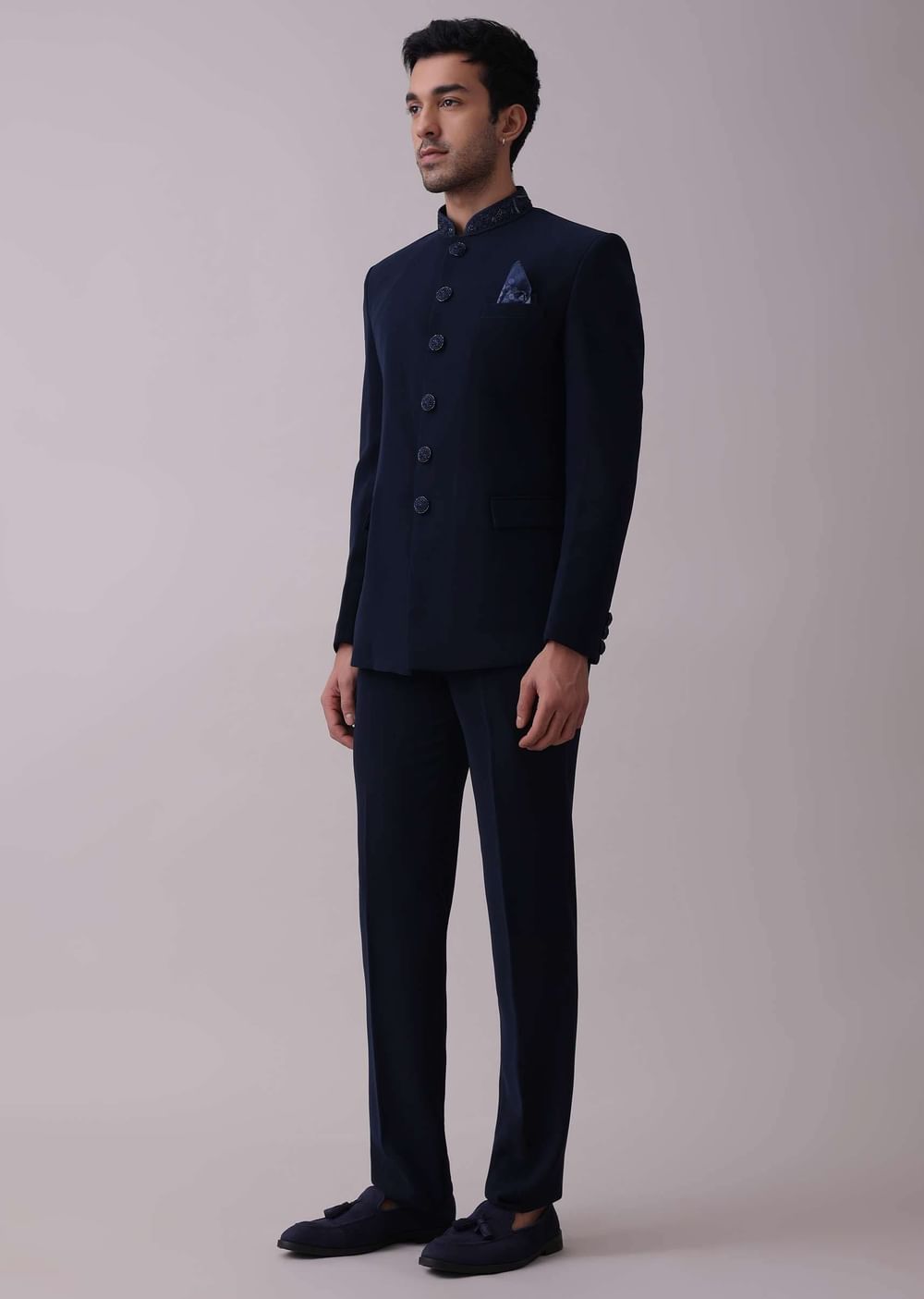 Navy Blue Indowestern Achkan Set In Suiting Fabric With Moti Embroidery