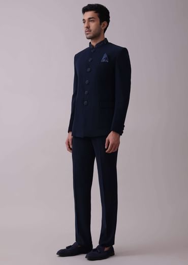 Navy Blue Indowestern Achkan Set In Suiting Fabric With Moti Embroidery
