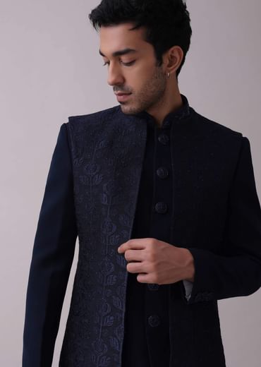 Navy Blue Indowestern Achkan Set In Suiting Fabric With Moti Embroidery
