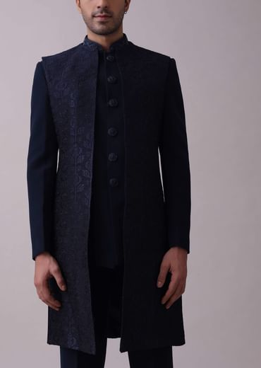Navy Blue Indowestern Achkan Set In Suiting Fabric With Moti Embroidery