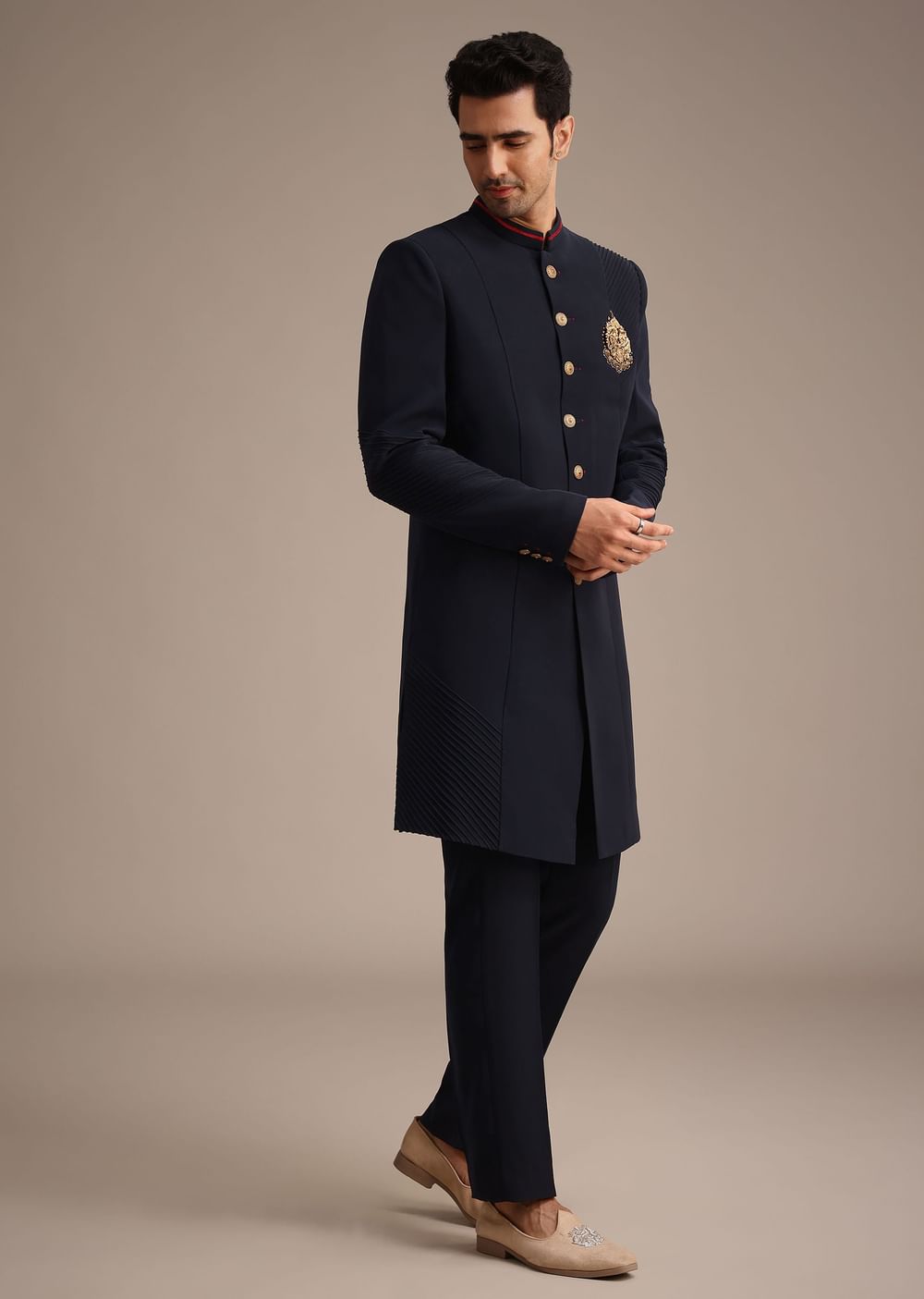 Navy Blue Indowestern Set With Animal Motif Brooch