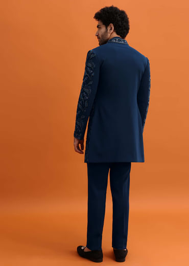 Navy Blue Indowestern Set With Hand Work For Men