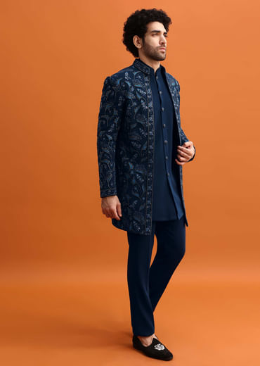 Navy Blue Indowestern Set With Hand Work For Men