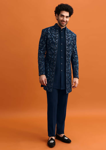 Navy Blue Indowestern Set With Hand Work For Men