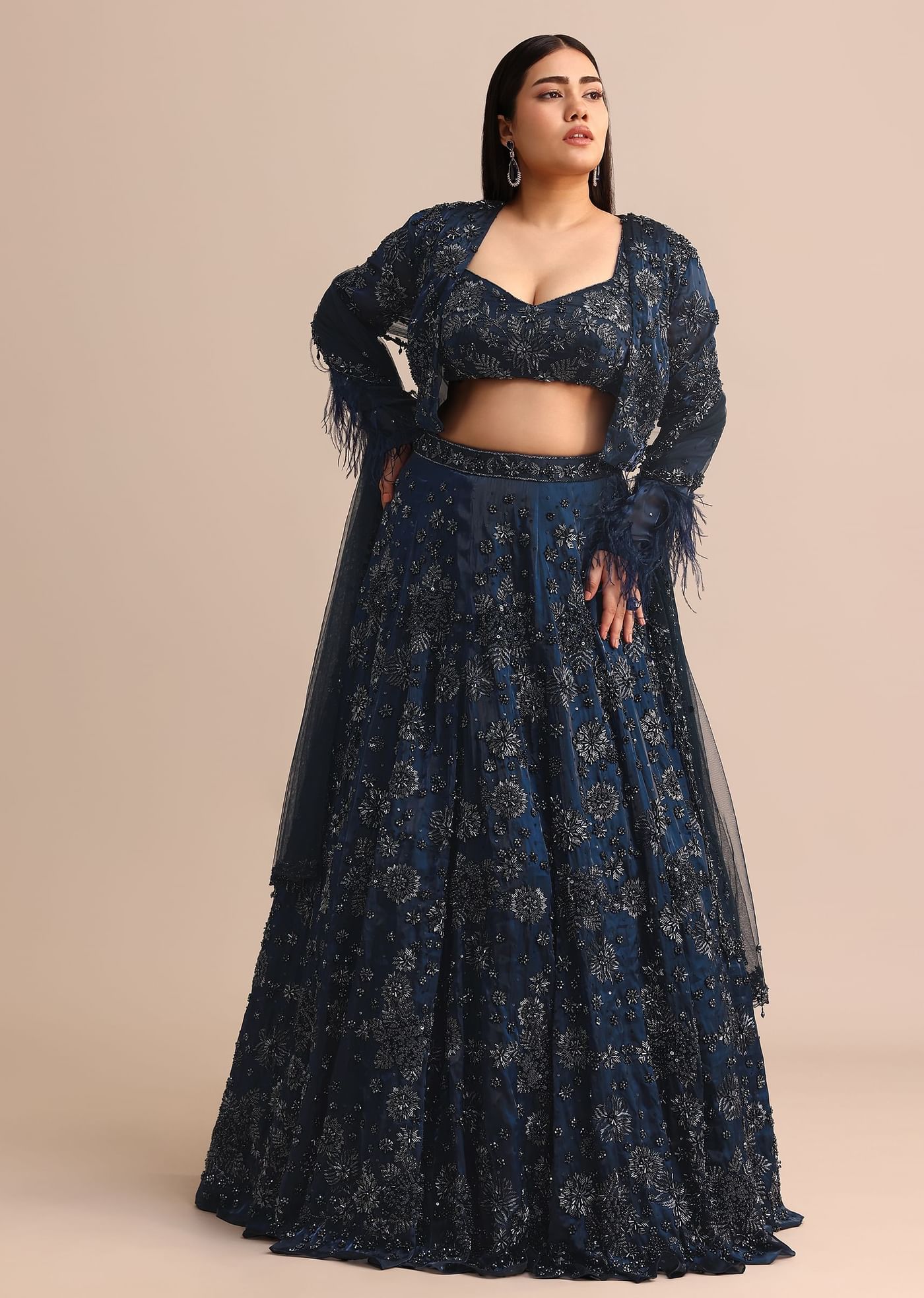 Navy Blue Jacket Kali Lehenga With Dupatta