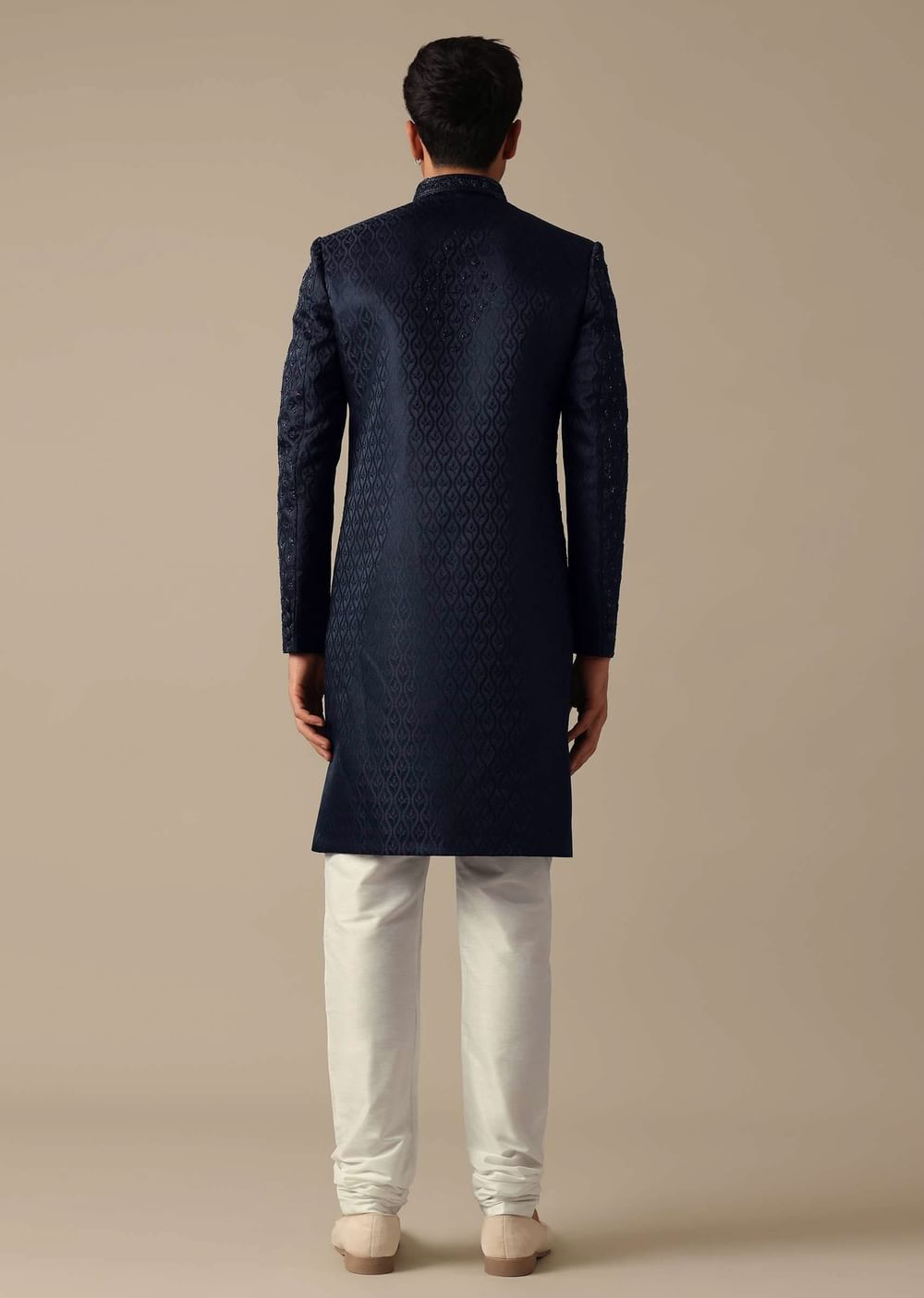 Navy Blue Jacquard Sherwani Set With Cutdana Embroidery