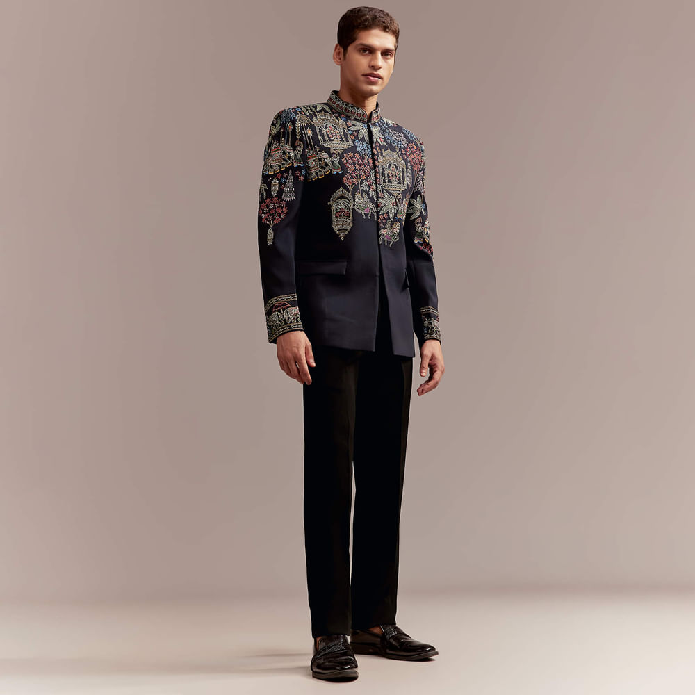 Navy Blue Jodhpuri Bandhgala Suit For Men With Thread Embroidery