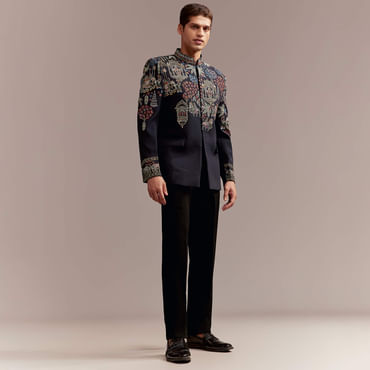 Navy Blue Jodhpuri Bandhgala Suit For Men With Thread Embroidery