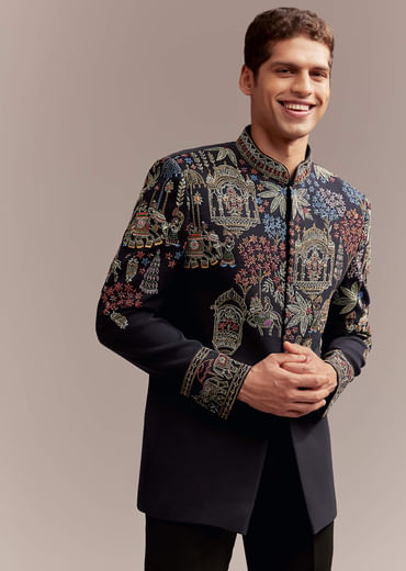 Navy Blue Jodhpuri Bandhgala Suit For Men With Thread Embroidery
