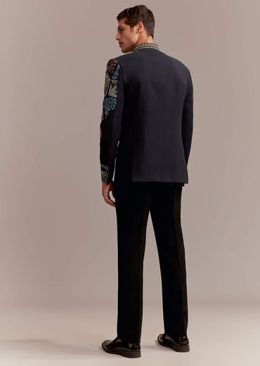 Navy Blue Jodhpuri Bandhgala Suit For Men With Thread Embroidery