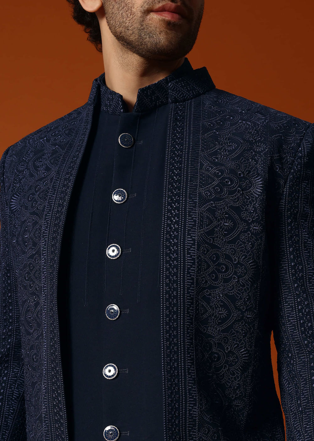 Navy Blue Jodhpuri Set In Resham Work For Men