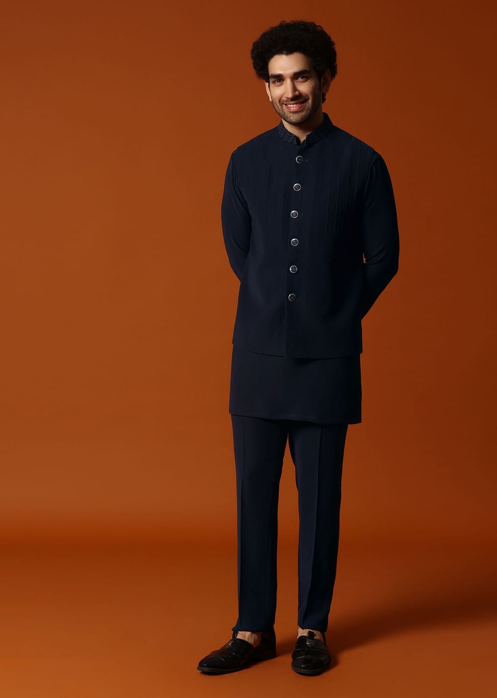 Navy Blue Jodhpuri Set In Resham Work For Men