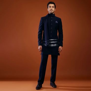 Navy Blue Jodhpuri Sherwani Set In Imported Suiting Fabric