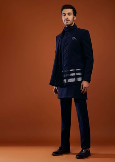 Navy Blue Jodhpuri Sherwani Set In Imported Suiting Fabric