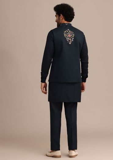 Navy Blue Kurta Jacket Set With Floral Embroidered Motifs
