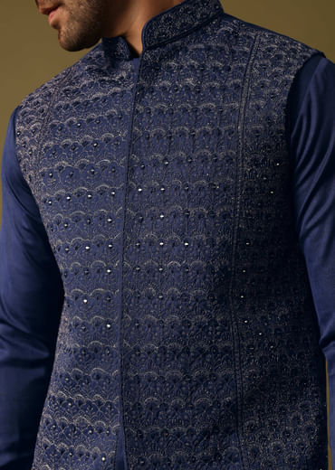 Navy Blue Kurta Jacket Set With Resham And Mirror Work For Men