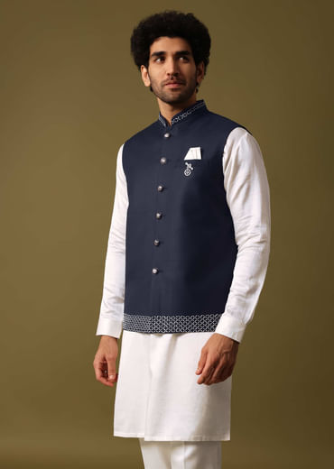 Navy Blue Kurta Jacket Set With Resham Work For Men