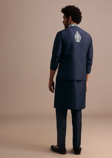 Navy Blue Kurta Jacket Set With Thread And Mirror Work