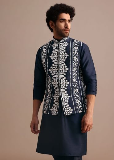Navy Blue Kurta Jacket Set With Thread And Mirror Work