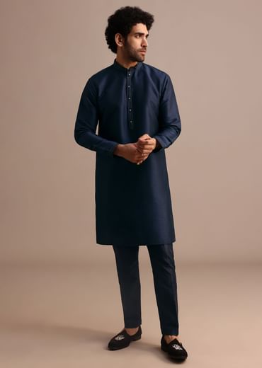 Navy Blue Kurta Jacket Set With Thread And Mirror Work