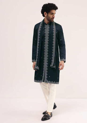 Navy Blue Kurta Set In Resham Work With Dupatta For Men