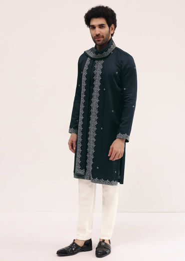 Navy Blue Kurta Set In Resham Work With Dupatta For Men