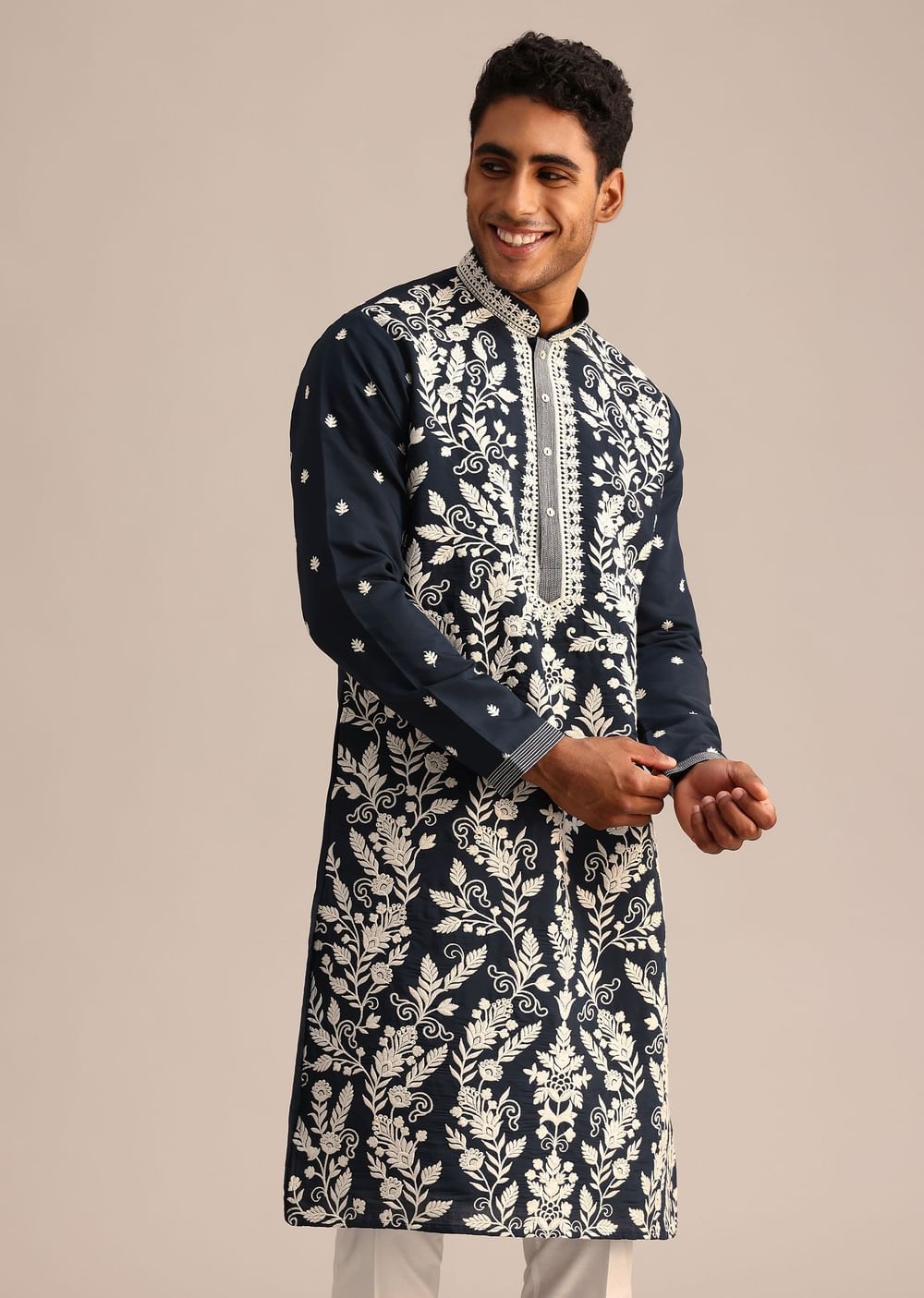 Navy Blue Kurta Set With Floral Resham Work