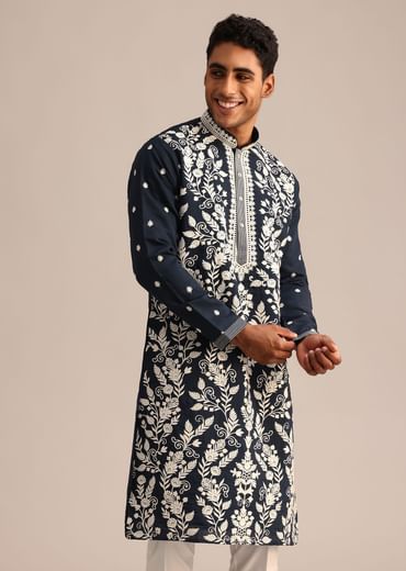 Navy Blue Kurta Set With Floral Resham Work