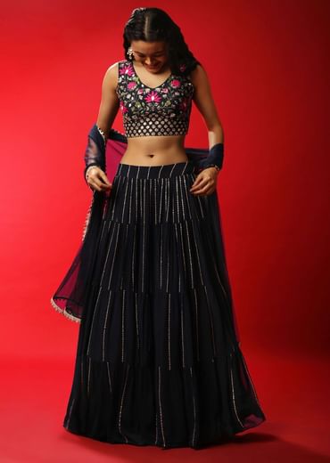 Navy Blue Lehenga Choli With Sequins Stripes And Multi Colored Resham Work
