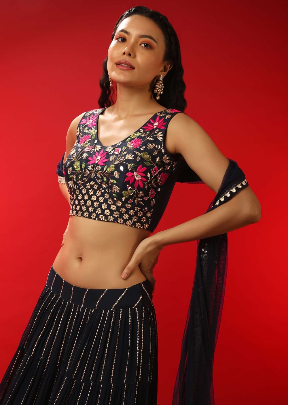 Navy Blue Lehenga Choli With Sequins Stripes And Multi Colored Resham Work