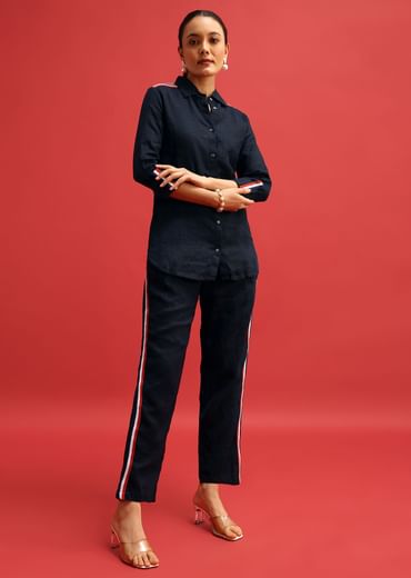 Navy Blue Linen Co ord Set With Patchwork