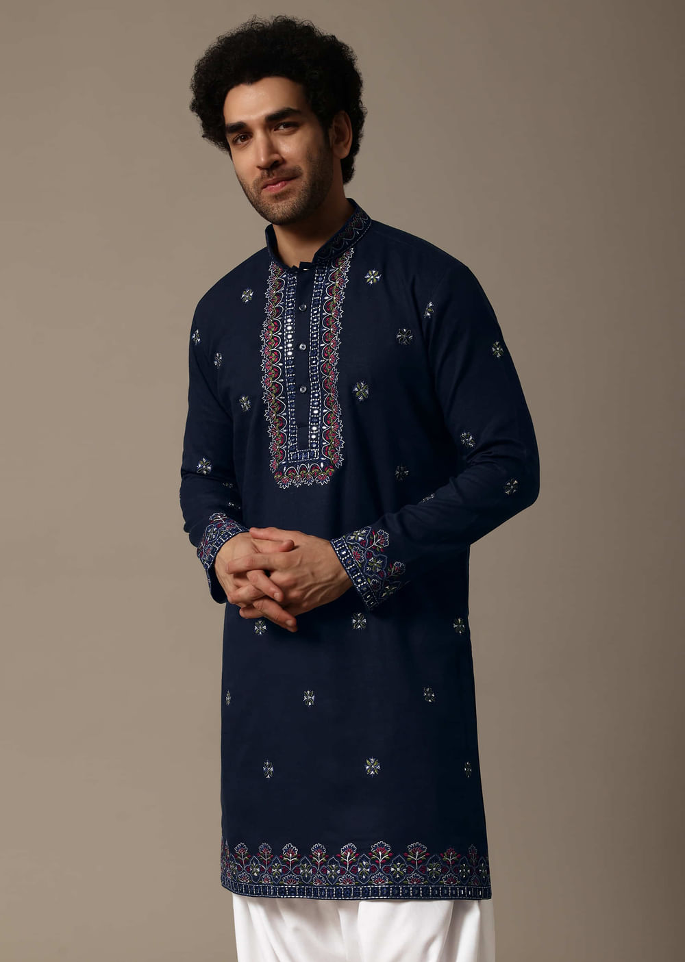 Navy Blue Linen Kurta Salwar For Men