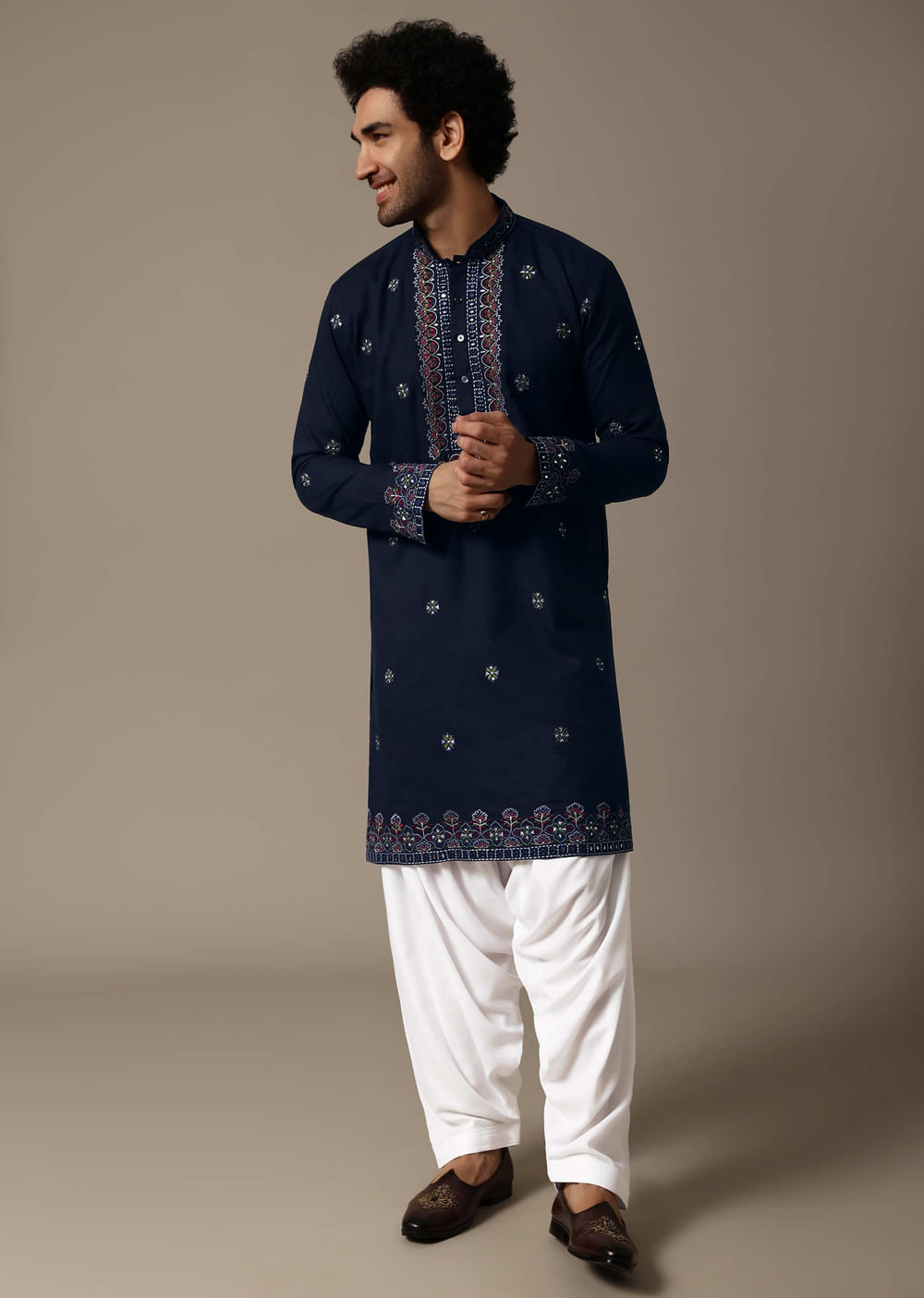 Navy Blue Linen Kurta Salwar For Men