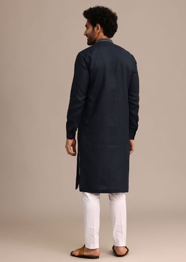Navy Blue Linen Kurta Set With Floral Resham Handwork