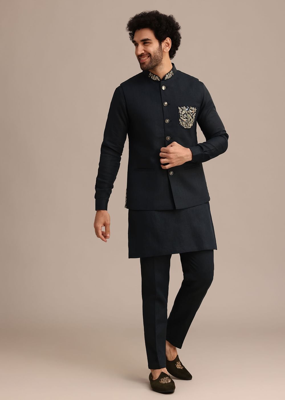 Navy Blue Linen Zardosi Embroidered Jacket Kurta Set