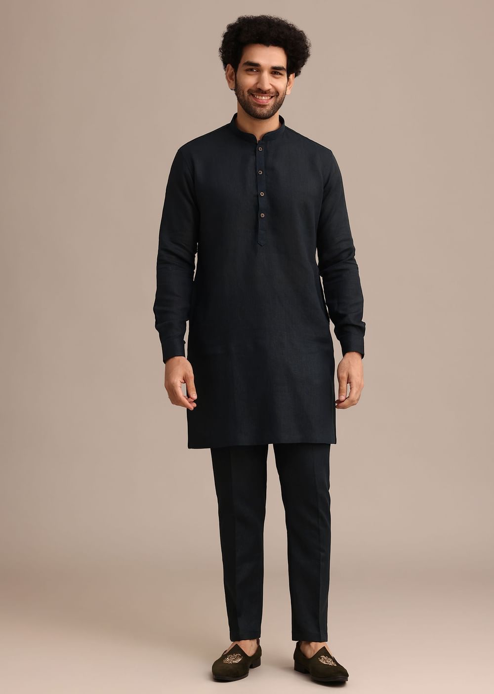 Navy Blue Linen Zardosi Embroidered Jacket Kurta Set