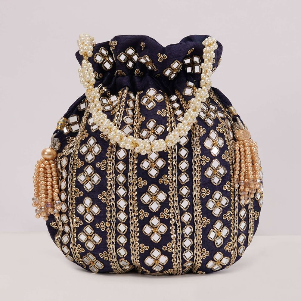 Navy Blue Mirror Work Silk Potli Pearl Handle